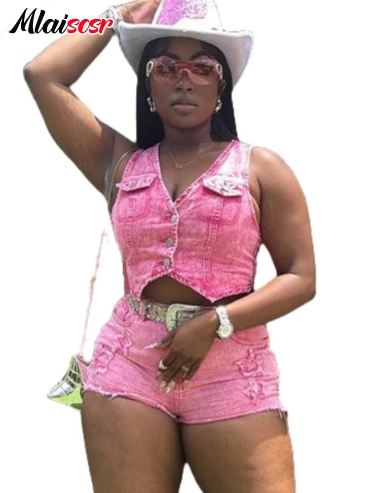 pink denim sets / L Mlaiscsr Pink Stretch Denim Sexy 2 Piece Club Outfit Women Sets V-Neck Vest Crop Tops and Embroidered Shorts Suit Y2k Streetwear