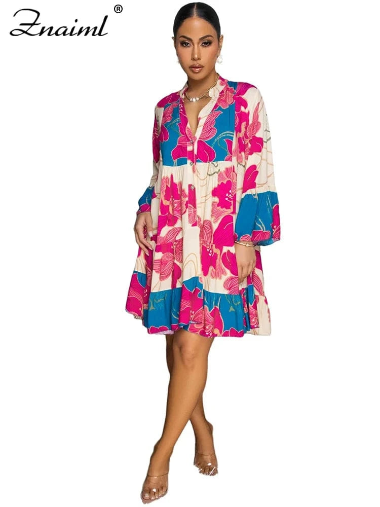 pink dress / S Znaiml Casual Long Sleeve Beach Short Dress for Women Boho Summer A-Line Floral Print Sundresses Y2k T-Shirt Mini Dresses 2025
