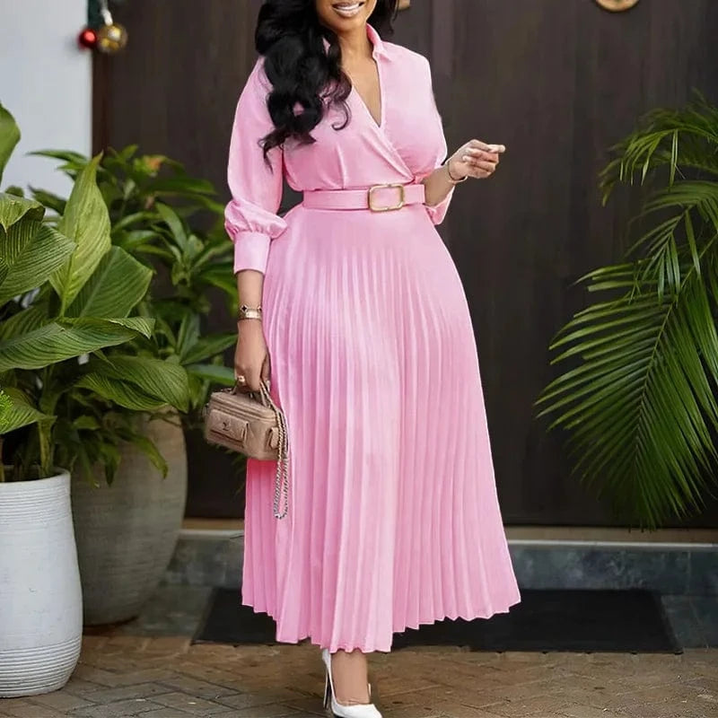 Pink Dress / XXXL Elegant Office Dresses for Women Pleated Deep V Neck Full Sleeve Belt Waisted Ankle Length African Business Work Wear Dress New