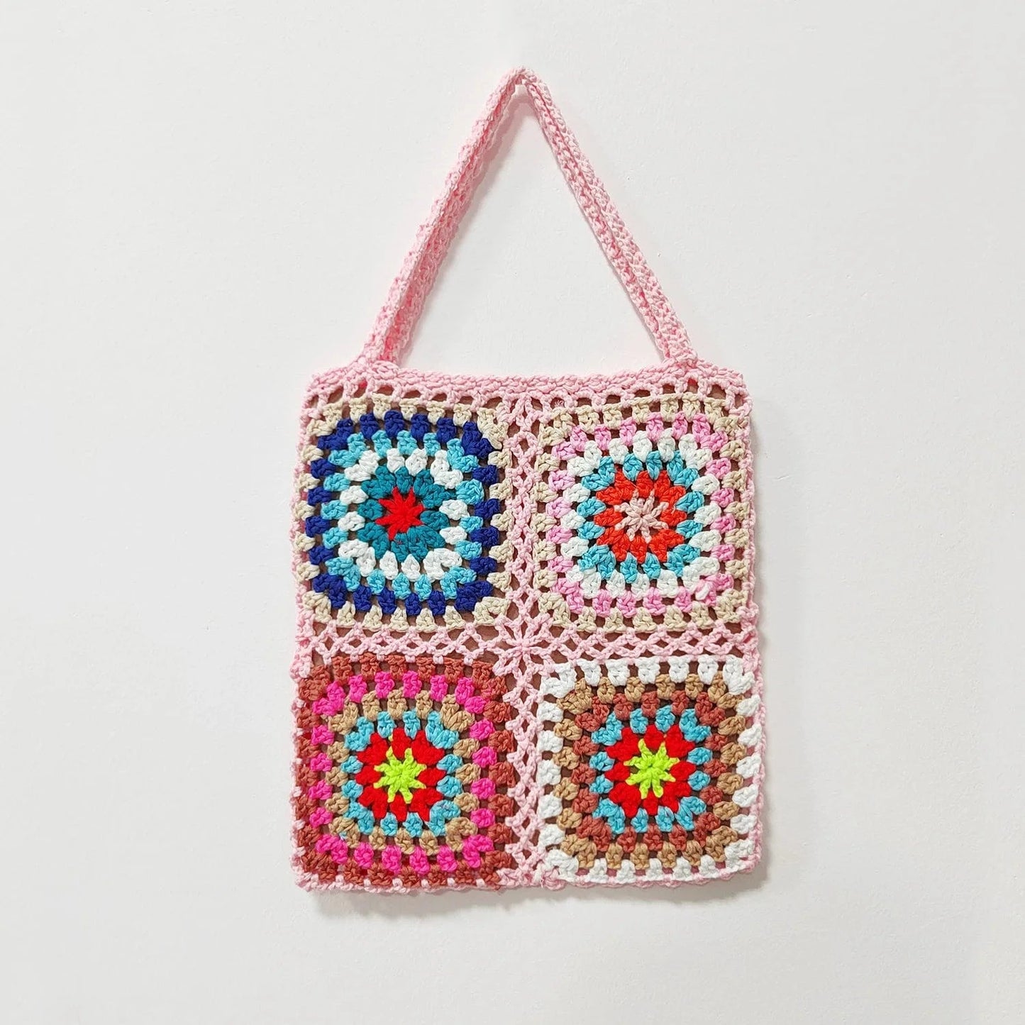 pink Factory Granny Granny Square Handmade Crochet Single Shoulder Tote Handbag