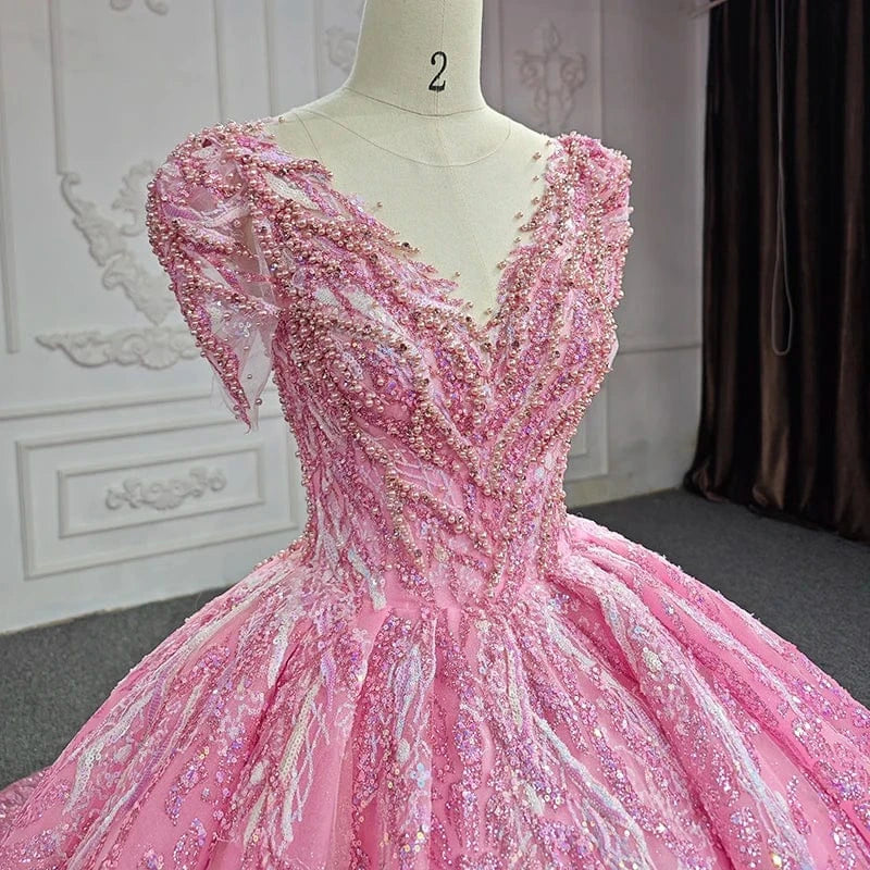Pink Floral Appliques Lace Quinceanera Dresses Ball Gown Beading Sweet 15 Party 6612