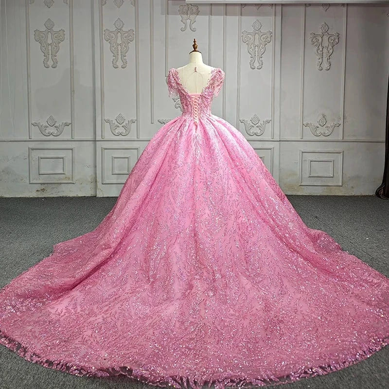 Pink Floral Appliques Lace Quinceanera Dresses Ball Gown Beading Sweet 15 Party 6612