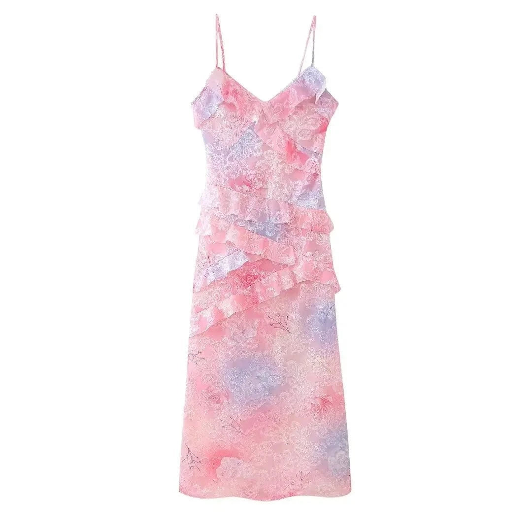 Pink Gradient Mesh Ruffles Patchwork Sling Dress Women Summer V Neck Backless Long Dresses 2024 Fashion Female Holiday Vestidos