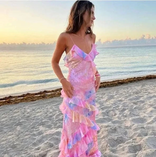 Pink Gradient Mesh Ruffles Patchwork Sling Dress Women Summer V Neck Backless Long Dresses 2024 Fashion Female Holiday Vestidos