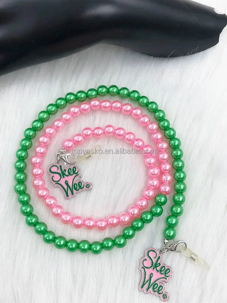 Pink Green Handmade Greek Pink Green Pearl Sorority Letter Charms Long Style Fashion Eyeglasses Reading Glasses Chain Cord Holder
