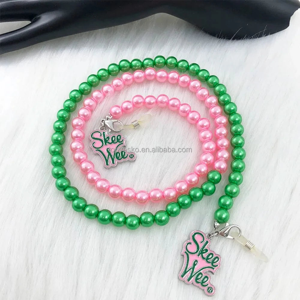 Pink Green Handmade Greek Pink Green Pearl Sorority Letter Charms Long Style Fashion Eyeglasses Reading Glasses Chain Cord Holder