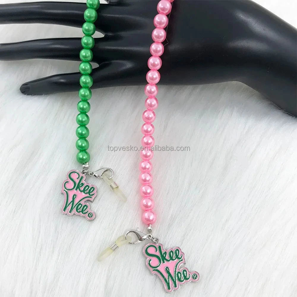 Pink Green Handmade Greek Pink Green Pearl Sorority Letter Charms Long Style Fashion Eyeglasses Reading Glasses Chain Cord Holder