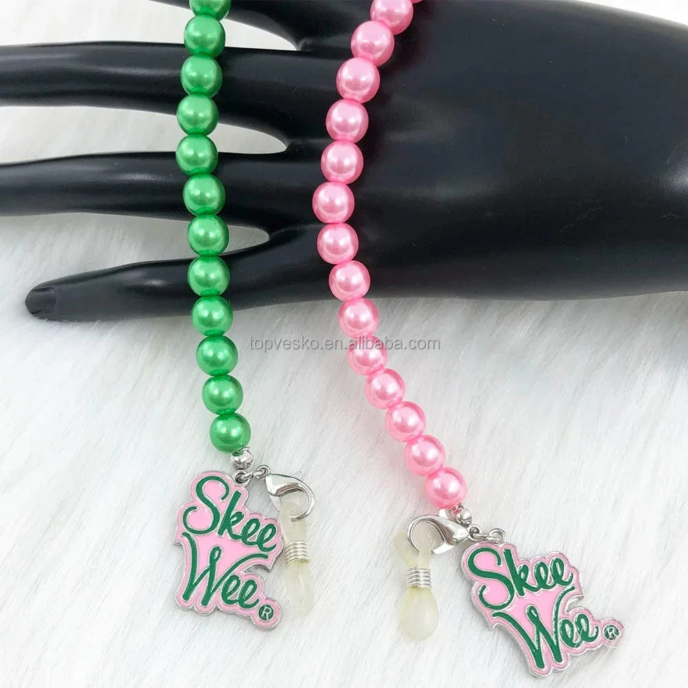 Pink Green Handmade Greek Pink Green Pearl Sorority Letter Charms Long Style Fashion Eyeglasses Reading Glasses Chain Cord Holder