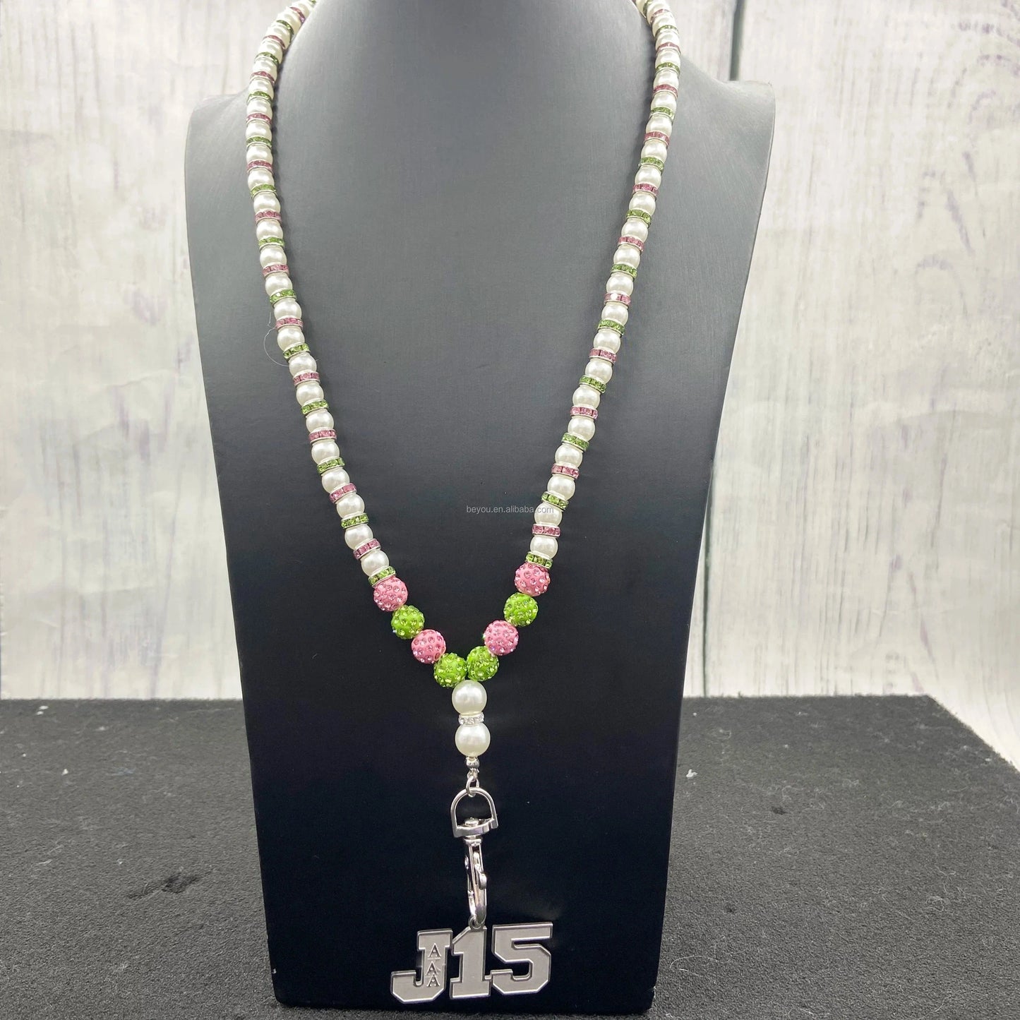 Pink Green Shining Beads White Pearl Necklace Keychain Lock Custom Stainless Steel Shield Pendant Necklace Jewelry for Women