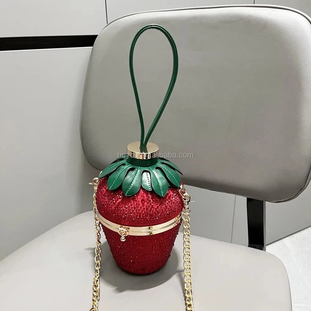 Pink Green Woman Evening Clutch Bag Rhinestone Strawberry Purse Luxury Designer Handle Shoulder Bucket Handbag Wedding Banquet