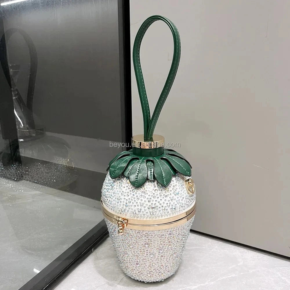 Pink Green Woman Evening Clutch Bag Rhinestone Strawberry Purse Luxury Designer Handle Shoulder Bucket Handbag Wedding Banquet
