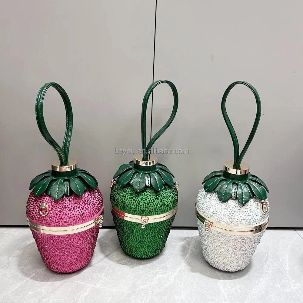 Pink Green Woman Evening Clutch Bag Rhinestone Strawberry Purse Luxury Designer Handle Shoulder Bucket Handbag Wedding Banquet
