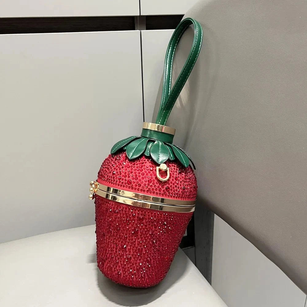Pink Green Woman Evening Clutch Bag Rhinestone Strawberry Purse Luxury Designer Handle Shoulder Bucket Handbag Wedding Banquet