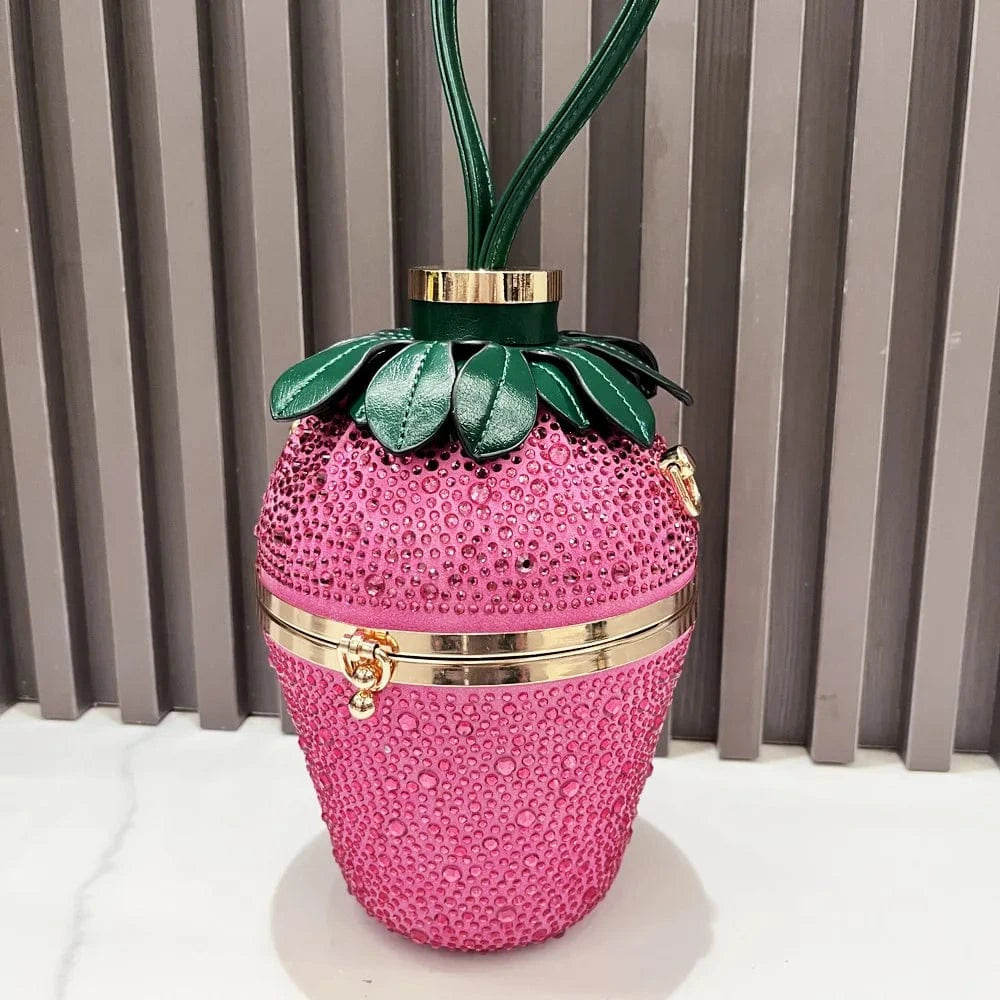 Pink Green Woman Evening Clutch Bag Rhinestone Strawberry Purse Luxury Designer Handle Shoulder Bucket Handbag Wedding Banquet