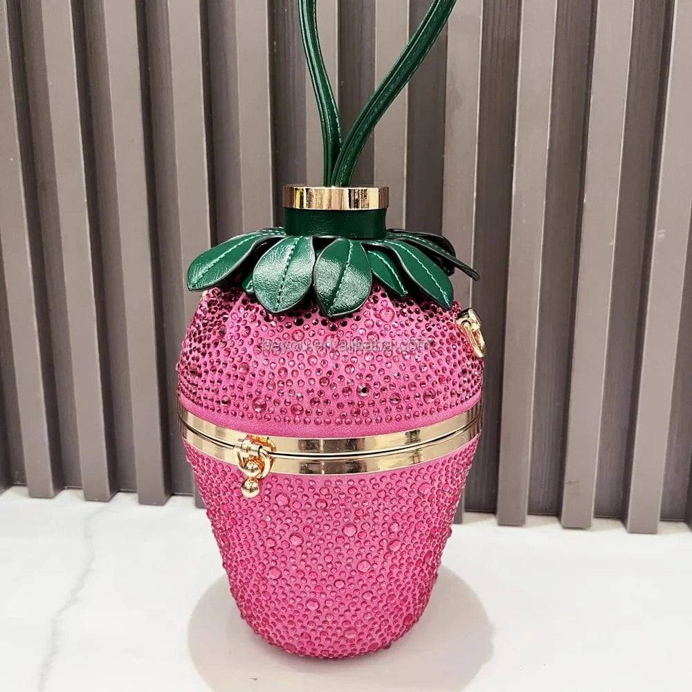 Pink Green Woman Evening Clutch Bag Rhinestone Strawberry Purse Luxury Designer Handle Shoulder Bucket Handbag Wedding Banquet