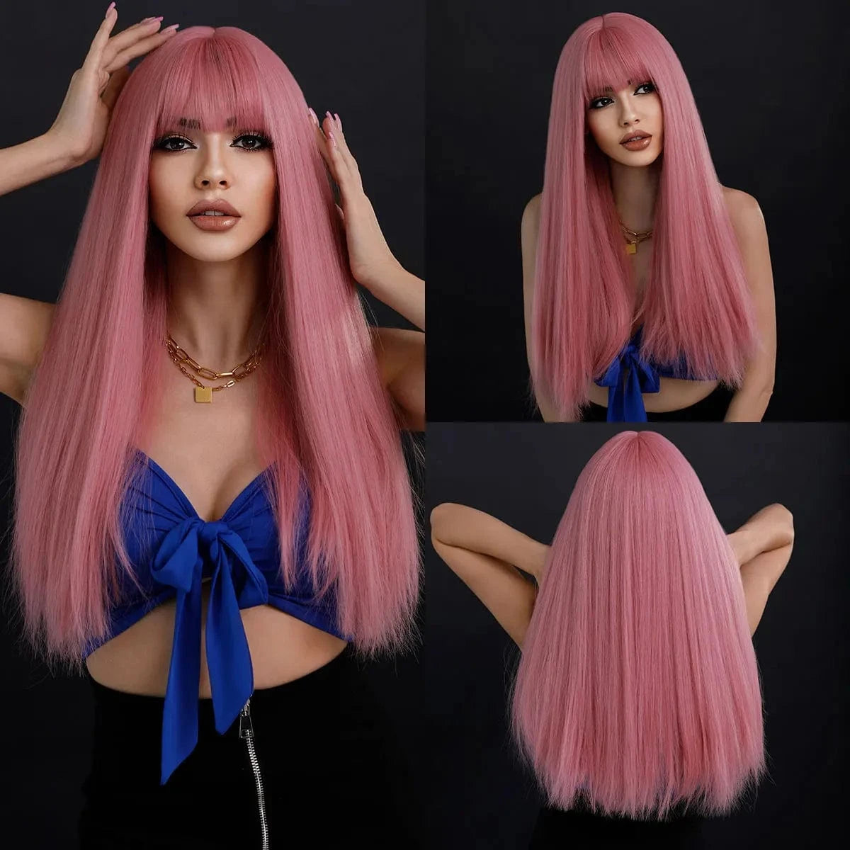 Pink Highlights Pink Wig with Bangs Long Straight Wigs for Women,Heat Resistant Light Pink Synthetic Wigs Black Pink Hair