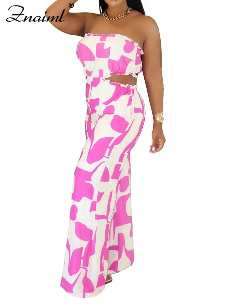 pink jumpsuits / S Znaiml Strapless Off Shoulder Hollow Out Green Printed Wide Leg Pants Jumpsuits Women Sexy Beach Vacation Summer Party Overalls