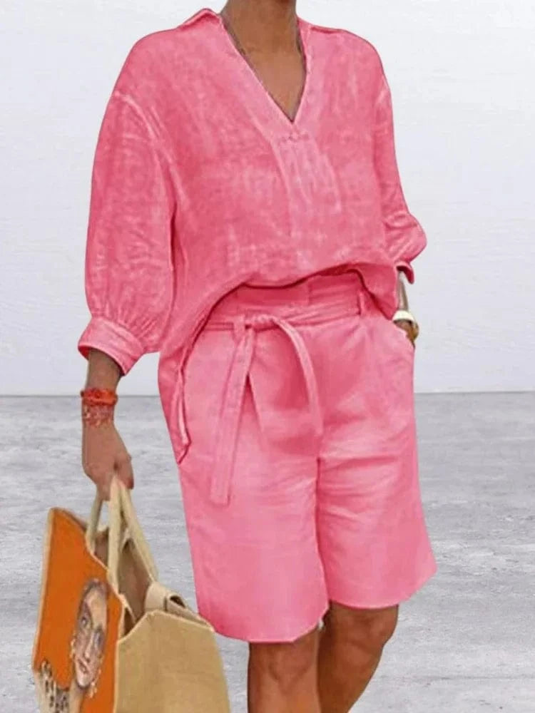 Pink / L 2024 Summer Fashion New Matching Collection Loose and Elegant V-neck Short Sleeve Cotton Linen Top Wide Leg Shorts Two Piece Set