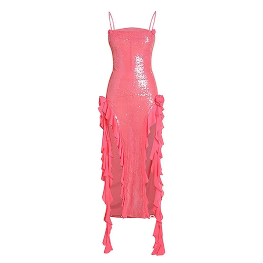 Pink / L / CHINA Women's Summer Sexy Long Evening Party Dress Sequined Dress Three-Dimensional Ruffle Flower Slip Slit Ground Length Dress