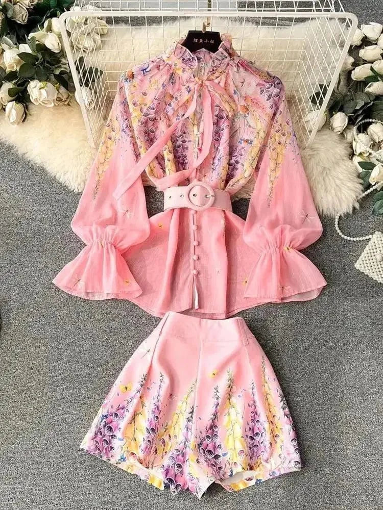 Pink / L / CN Women's Outfits Bright Silk Chiffon Shirt Blouse Top + Belt Shorts Two Piece Sets Summer Holidays Lavender Flower Shorts Suit