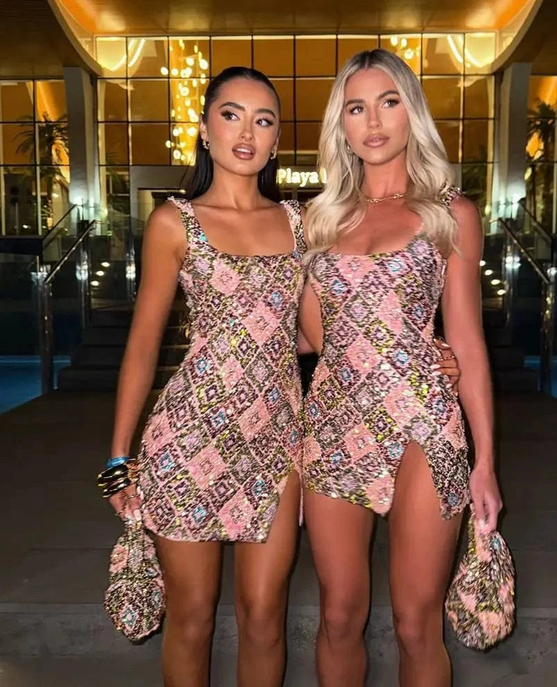 pink / L Colorful Rhombus Sequins Sexy Mini Dress Elegant Chic Straps Slit Bodycon Party Dresses Summer Holidays Evening Women Dress 2025