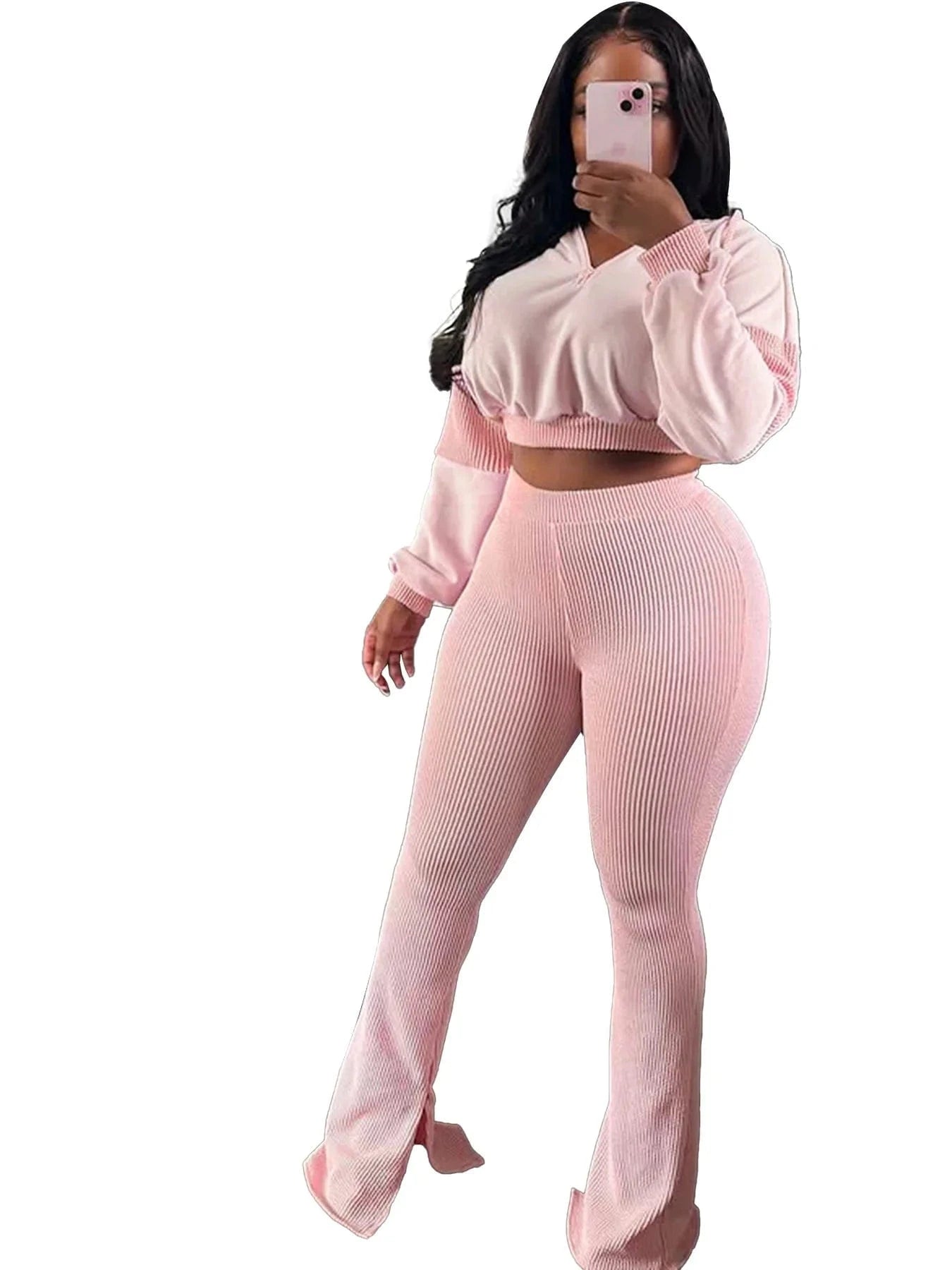 PINK / L FAGADOER Casual Ribbed 2 Piece Sets Woman Outfit Long Sleeve Hooded Patchwork Sweatshirts Tops and Flare Pants Jogger Tracksuit
