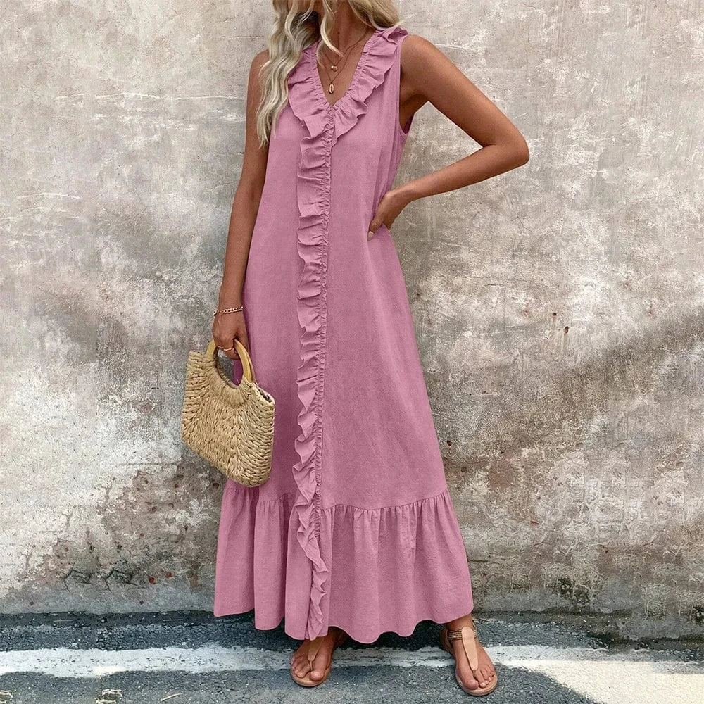 Pink / L Women's Solid Sleeveless V-Neck Ruffle A-Line Maxi Dress Summer Ladies Casual Loose Beach Holiday Vacation Sundress Size S-2XL