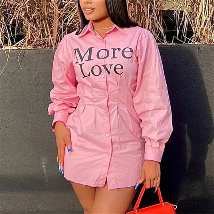 Pink Letter Print Women Shirt Dress Party Club Clothing 2024 Casual Buttons Long Sleeve Bodycon Short Dress