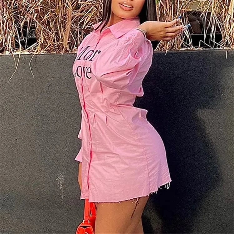 Pink Letter Print Women Shirt Dress Party Club Clothing 2024 Casual Buttons Long Sleeve Bodycon Short Dress