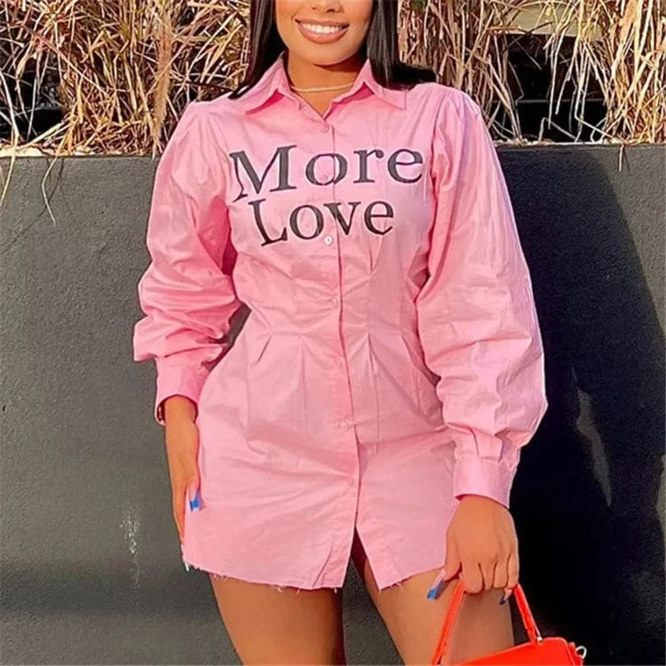 Pink Letter Print Women Shirt Dress Party Club Clothing 2024 Casual Buttons Long Sleeve Bodycon Short Dress