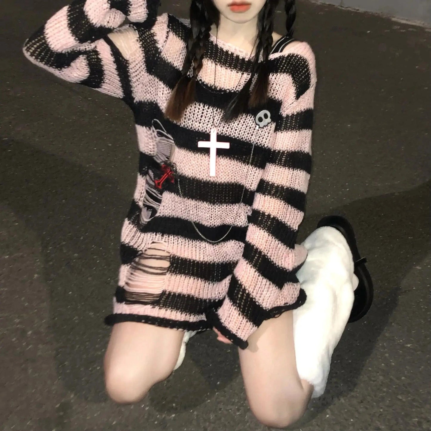Pink long / One Size Karrram Pink Striped Gothic Sweaters Women Ripped Holes Loose Knitted Pullover Frayed Fairy Grunge Jumpers Emo Streetwear Lolita