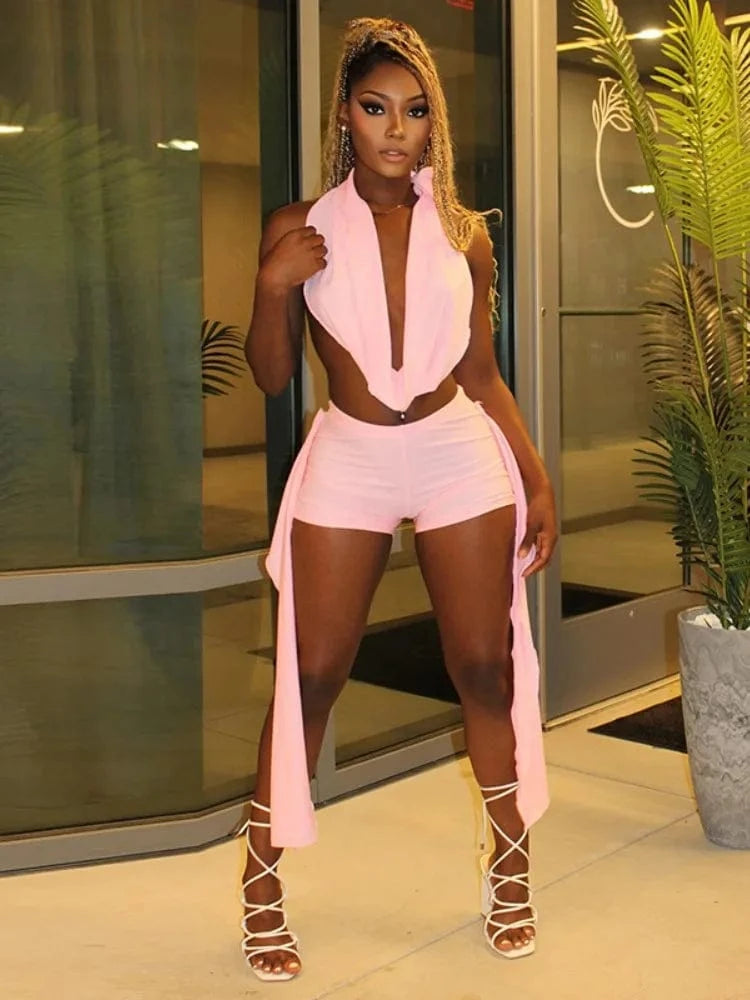 Pink / M Joskaa 2025 Summer Beach Style 2 Piece Sets Women Sexy Backless Bandage Halter Tops and Ribbons Shorts Matching Vacation Outfits