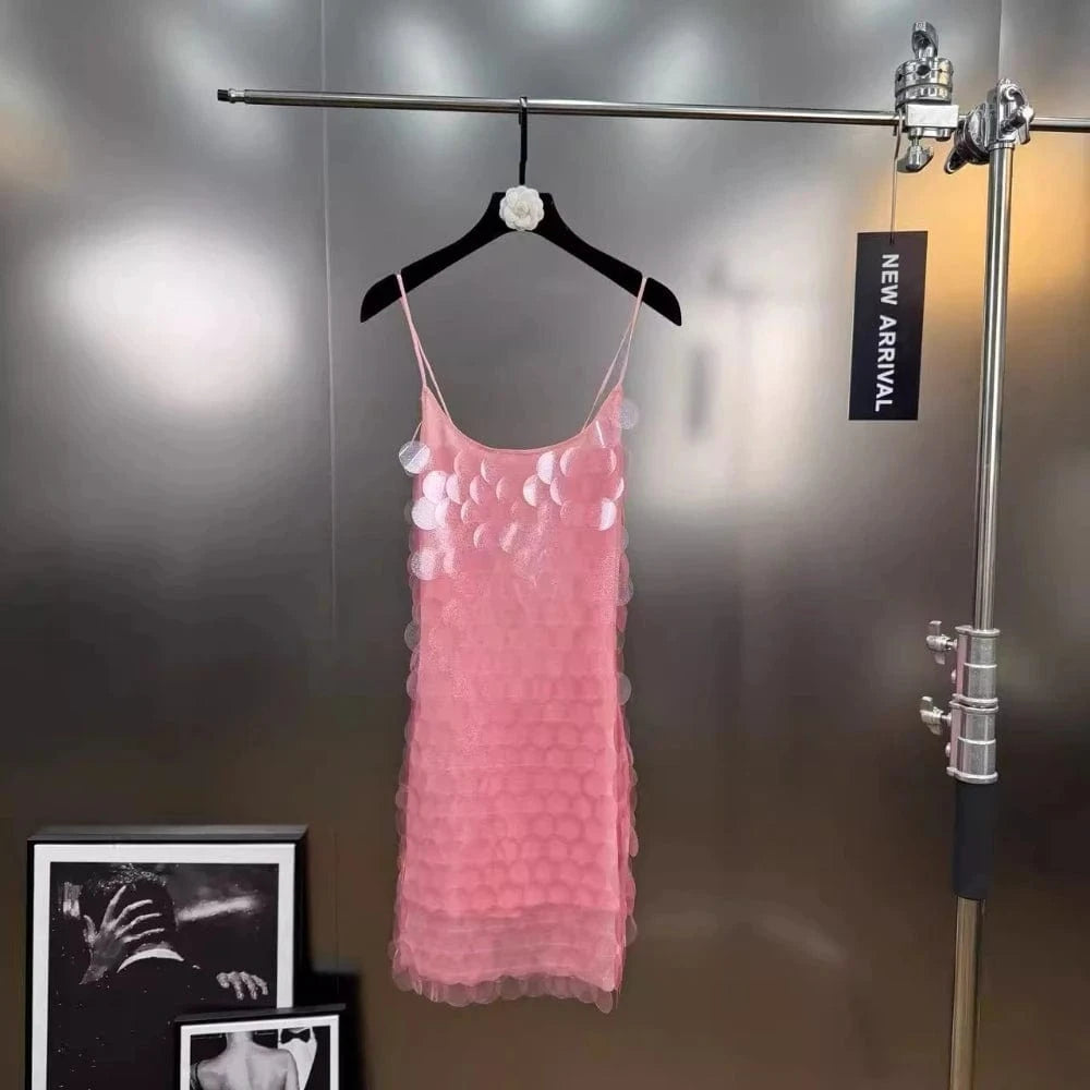 PINK / M VGH Sexy Patchwork Sequined Camisole Dress for Women O Neck Sleeveless Spliced Crisscross Bandage Backless Mini Dresses Female