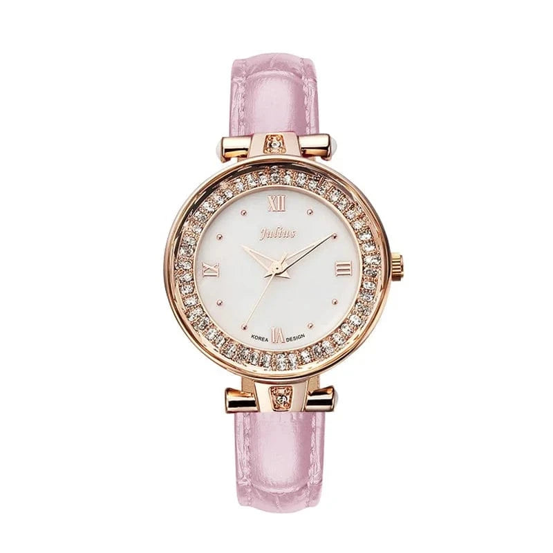 Pink Mother-of-pearl Rhinestones Julius Lady Women's Watch Fashion Hours Bracelet Real Leather Girl's Birthday Gift Box