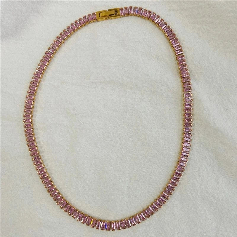 Pink necklace 41cm Luxury Non Tarnish & Waterproof Shiny Baguette Tennis 18K Gold Plated Statement Zirconia Stainless Steel crystal Jewelry