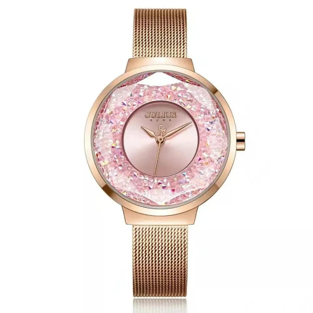 Pink New Crystal Julius Lady Women's Watch MIYOTA Fashion Hours Stainless Steel Bracelet Clock Girl's Birthday Valentine Gift Box
