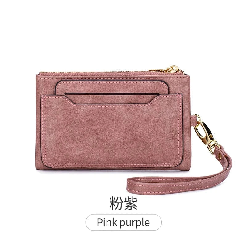 Pink purple 2024 New Women's Wallet Medium Retro Style Zipper Folding Multi Card Large Capacity Handbag Wallet Clip Wrist Strap