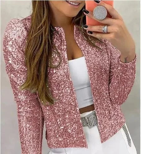 Pink / S Gold Purple Shiny Sequins Round Neck Cardigan Jacket Women Fashion Short Coat Silver Blue Nothing Red Outerwear Female Overcoat