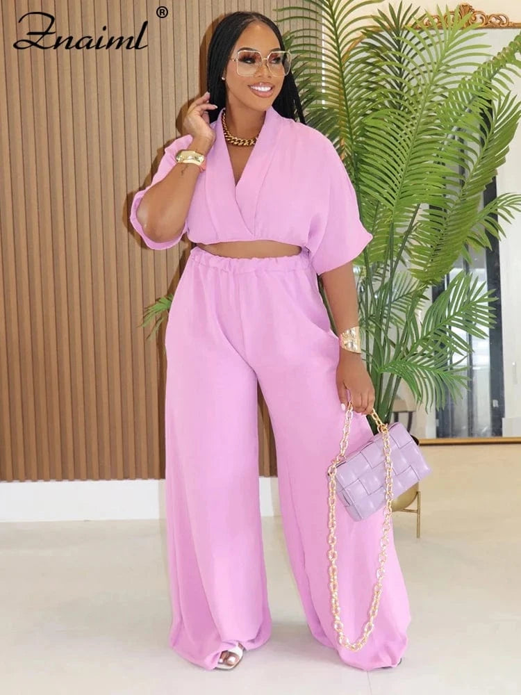 Pink / S Znaiml Fashion Women's 2-Piece Set Solid V-Neck Crop Top And Wide Leg Pants Casual Streetwear for Autumn Loose Tracksuis 2025