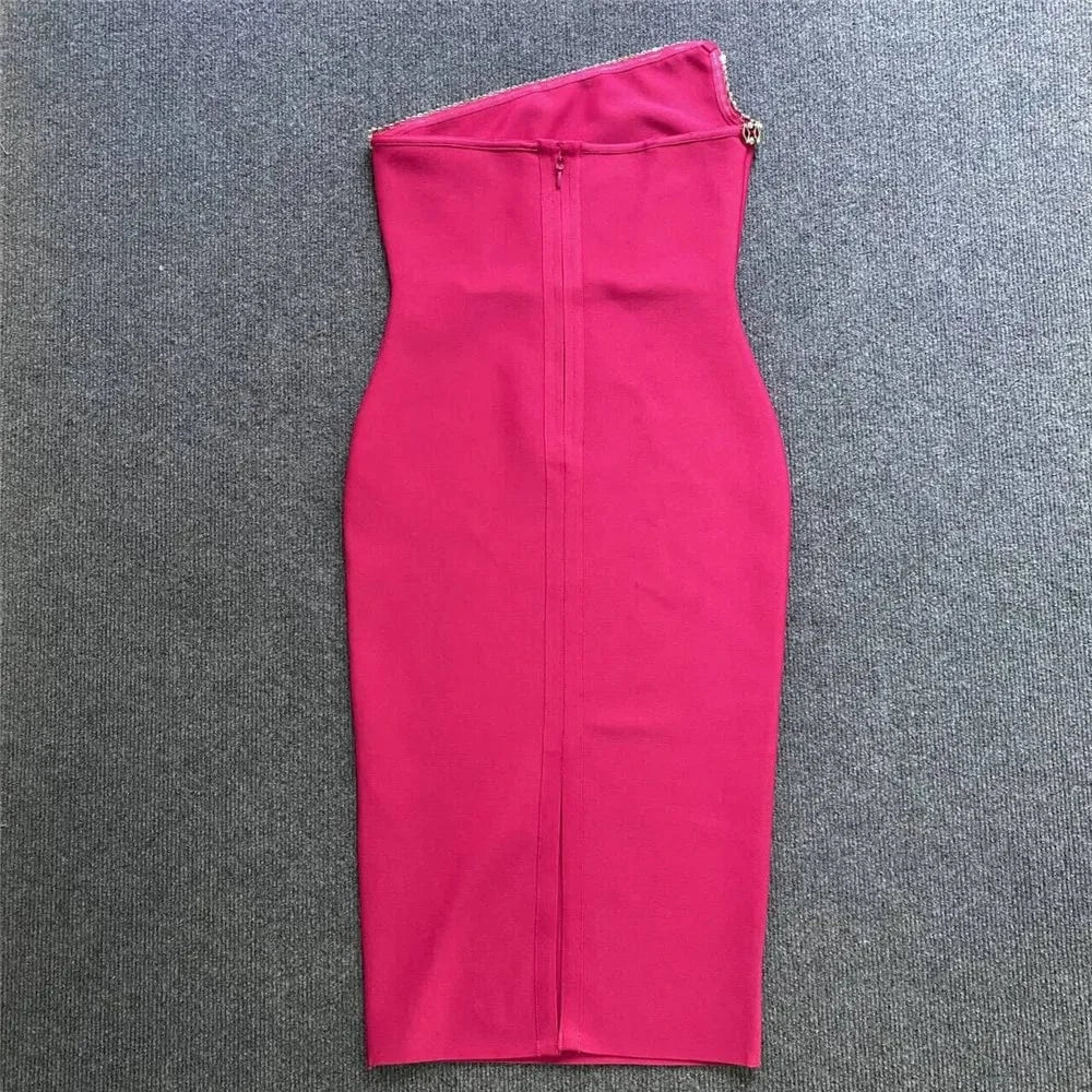 Pink Sequin Single Shoulder Women Bandage Dress Summer 2024 Strapless Wrap Hip Split Party Dresses New Elegant Outfits