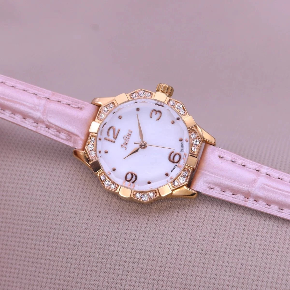 Pink Small Rhinestones Julius Lady Women's Watch Mother-of-pearl Japan Quartz Fashion Hours Bracelet Leather Girl's Gift No Box