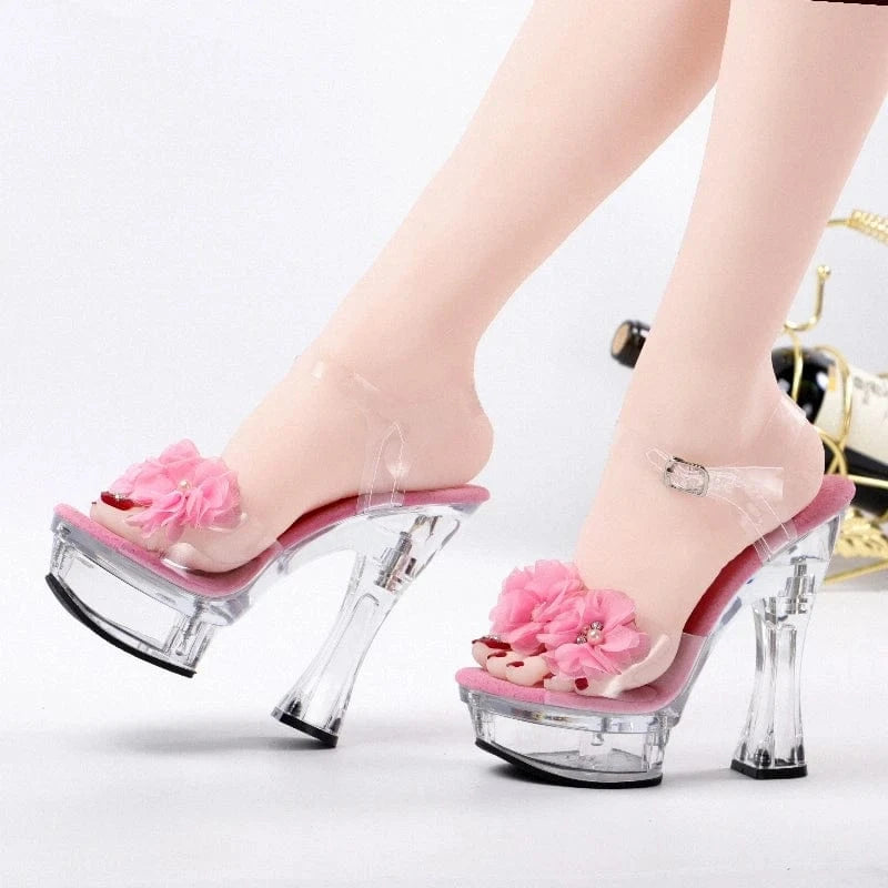 Pink thick heel transparent crystal 14cm pole dance high heels Club women's large leaky toe platform High Heels Sandals