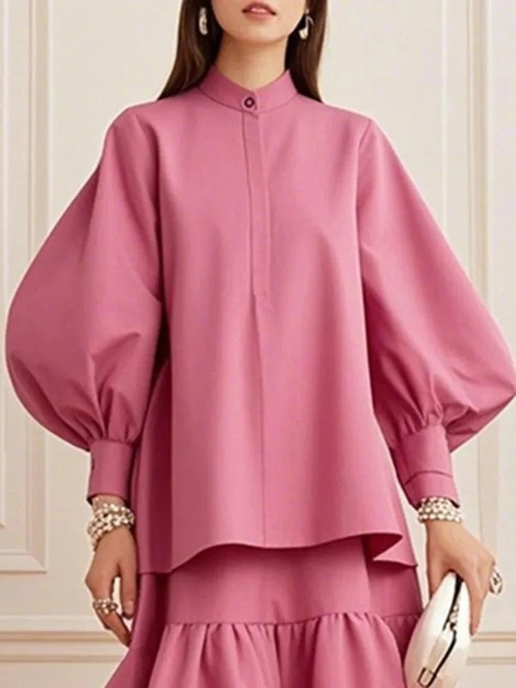 Pink Tops / S Beautyblue Pink T-shirt for Women Fashion Puff Sleeves Tops New Luxury Loose Pleated Split-Joint Round-Neck Simple Y2k Blouses