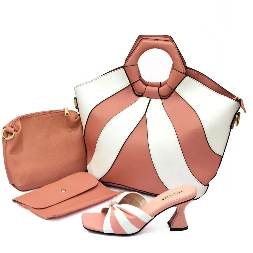PINK Turkey African Italian Women Ladies Matching Leather Handbag Shoes And Bag Shoes Set Bags Handbag Tote Leather Bag Fanny