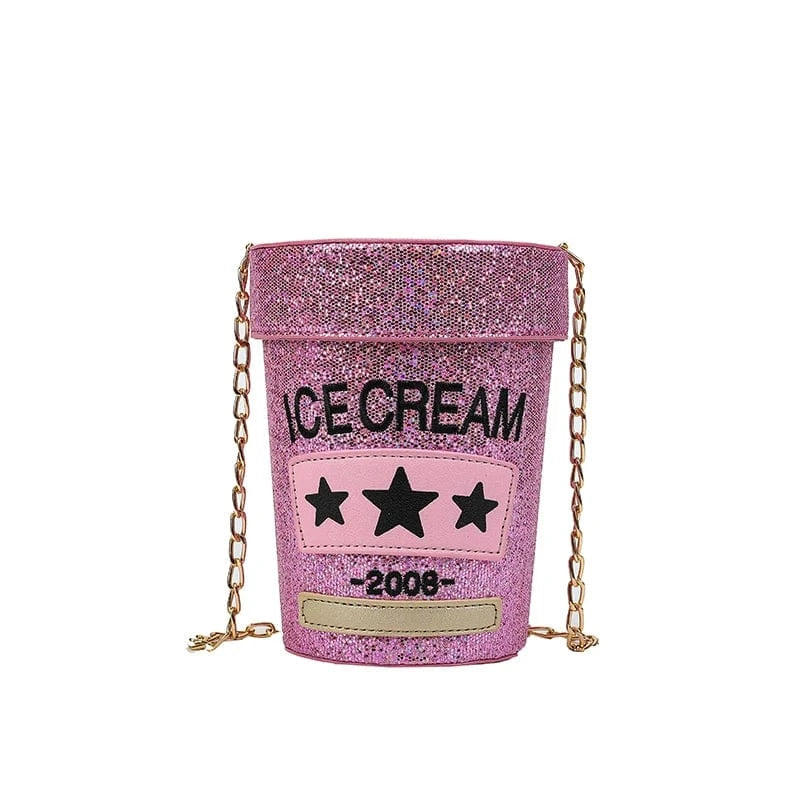 Pink Wholesale Cartoon Ice Cream Crossbody Bags for Women 2023 Glitter Leather Fashion Novelty Purses and Handbags Female