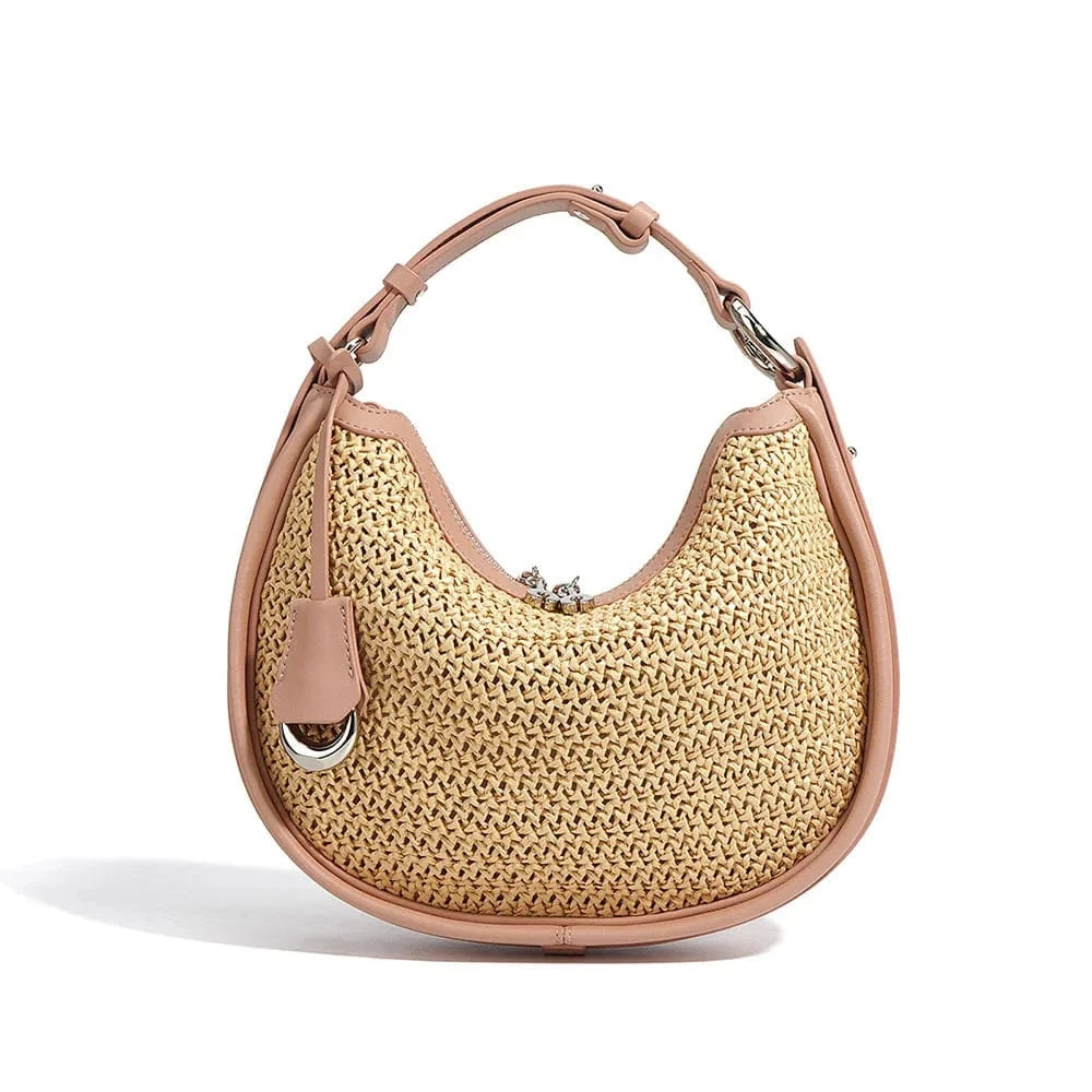 Pink Wholesale Women Summer Natural Raffia Straw Bag Shell Shape Wicker Leather Handbag Round Rattan Bag Straw Beach Tote Hand Bag