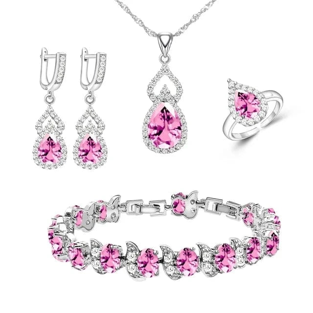 Pink Women Silver 925 Custom Jewelry Sets Red Garnet Earrings Necklace Open Ring Bracelets Set for Mom/Wife/Friend