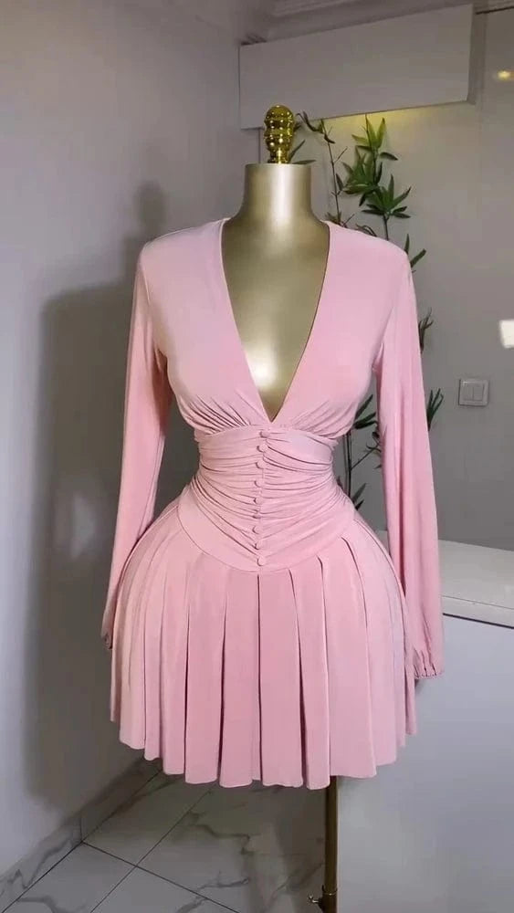 Pink / XL Women Elegant V-Neck Long Sleeve Pleated Dress 2025 Buttons Tunic Waist Sexy Evening Party Luxury Casual Short A Line Dresses