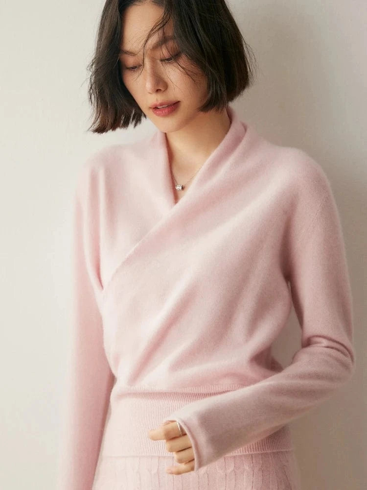 Pink / XL Women's 100% Cashmere Sweater Crossover Collar Pullover Office Lady Basic Grace Cashmere Knitwear Autumn Winter Tops