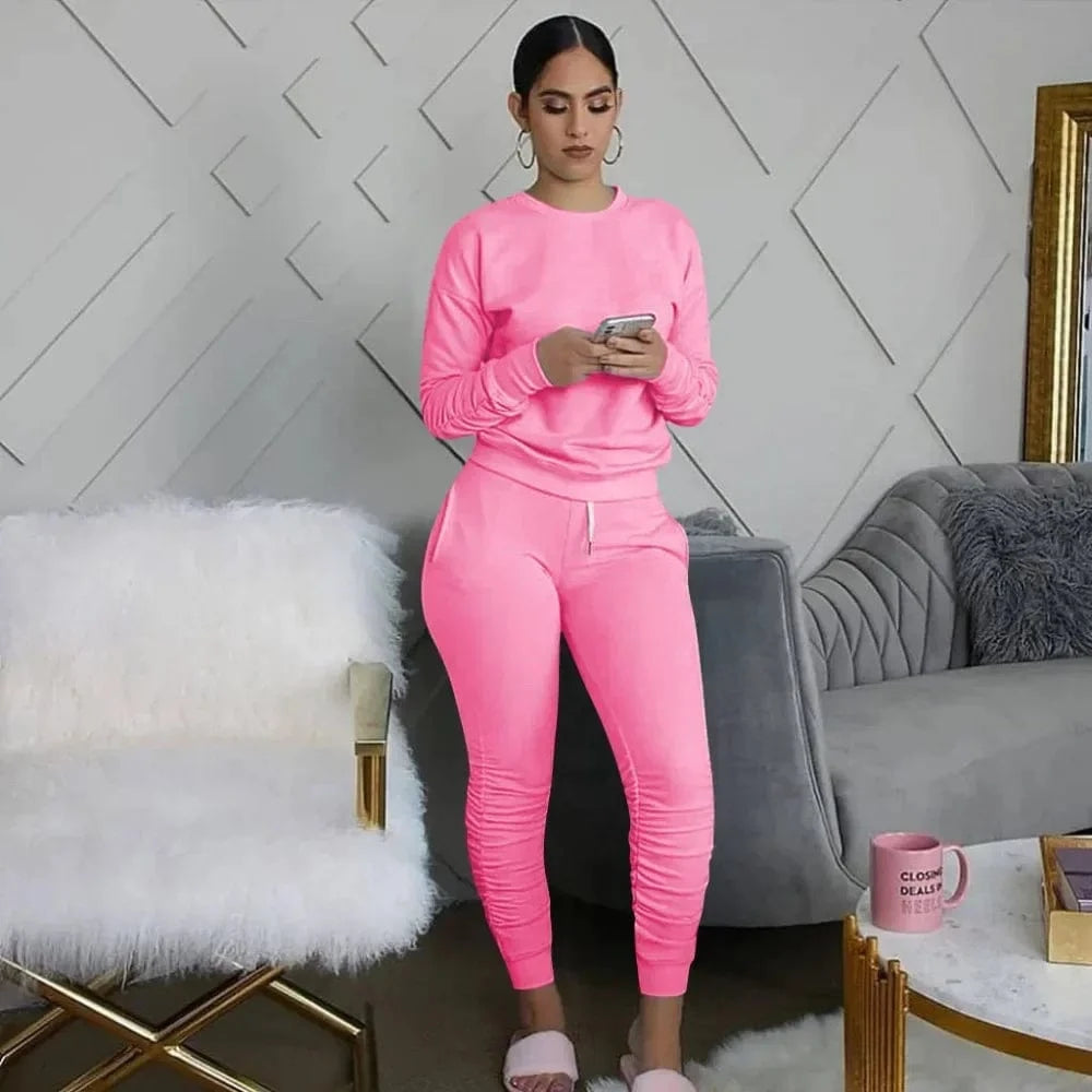 Pink / XXL New round Neck Long Sleeve Slim Fit Warm Top Elastic Waistband Lace-up Trousers Simple Solid Color Sports Two-Piece Set